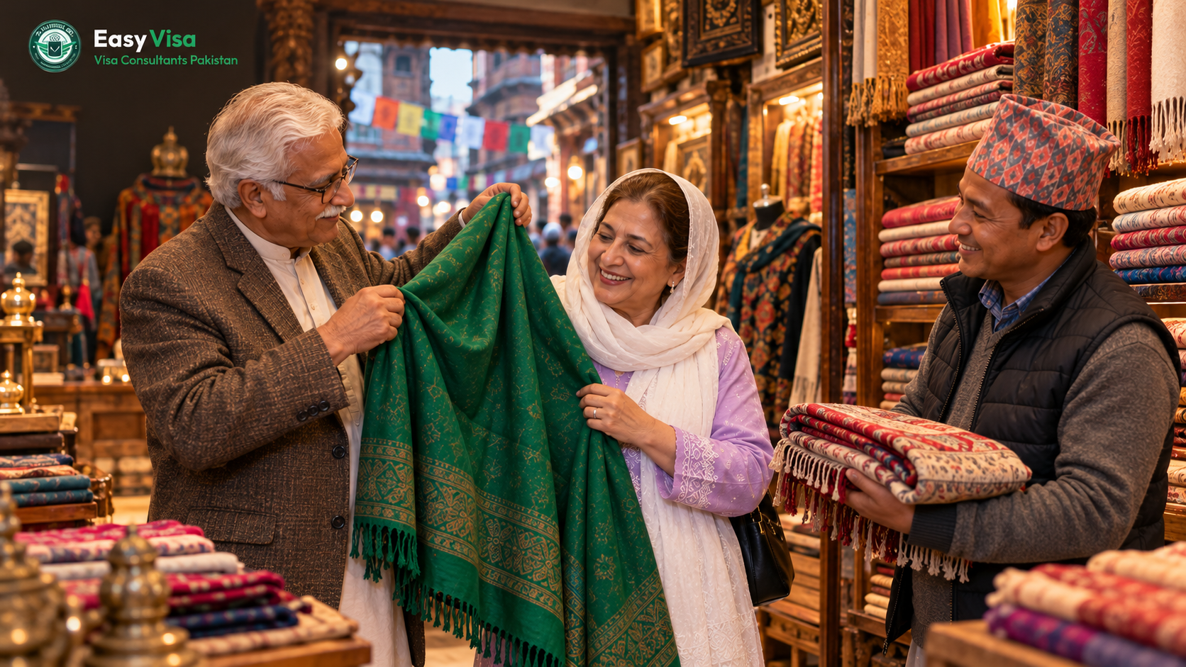Retired Pakistani couple choosing a pashmina shawl at a small shop in Thamel, Kathmandu
