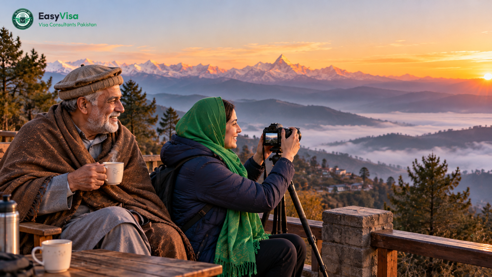 Pakistani man in his late fifties holding tea beside his daughter photographing sunrise over the Himalaya at Nagarkot