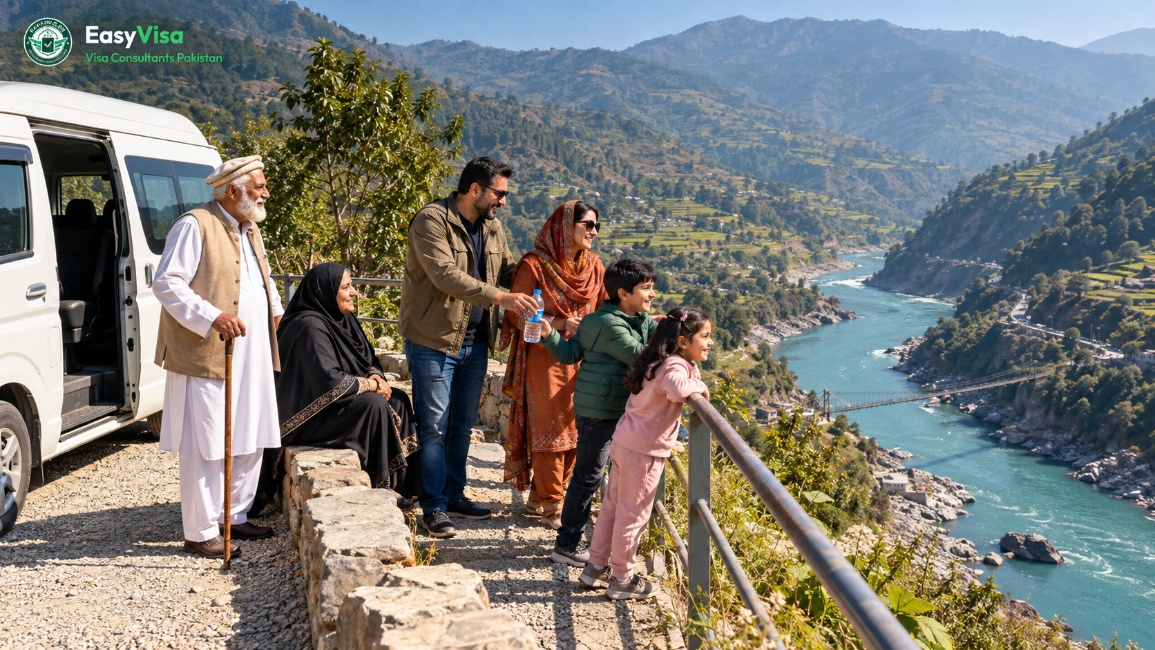 Pakistani joint family stretching beside their hired van at a viewpoint above the Trishuli River on the drive from Kathmandu to Pokhara