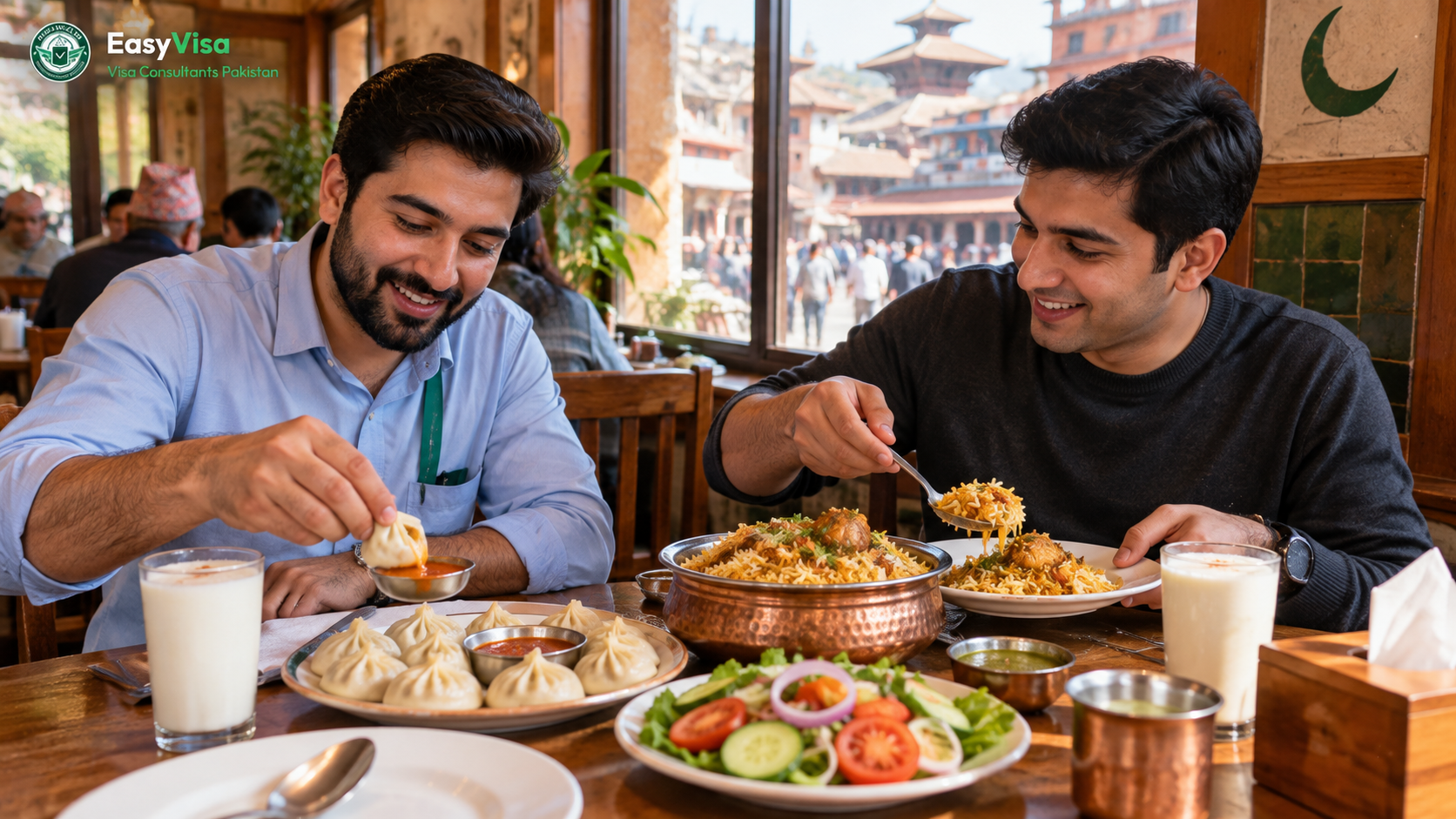 Two young Pakistani colleagues eating halal momos and chicken biryani at a small restaurant near Ghantaghar in Kathmandu
