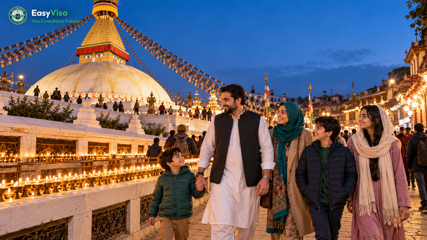 Pakistani family of five walking the evening circuit around Boudhanath Stupa in Kathmandu with butter lamps glowing