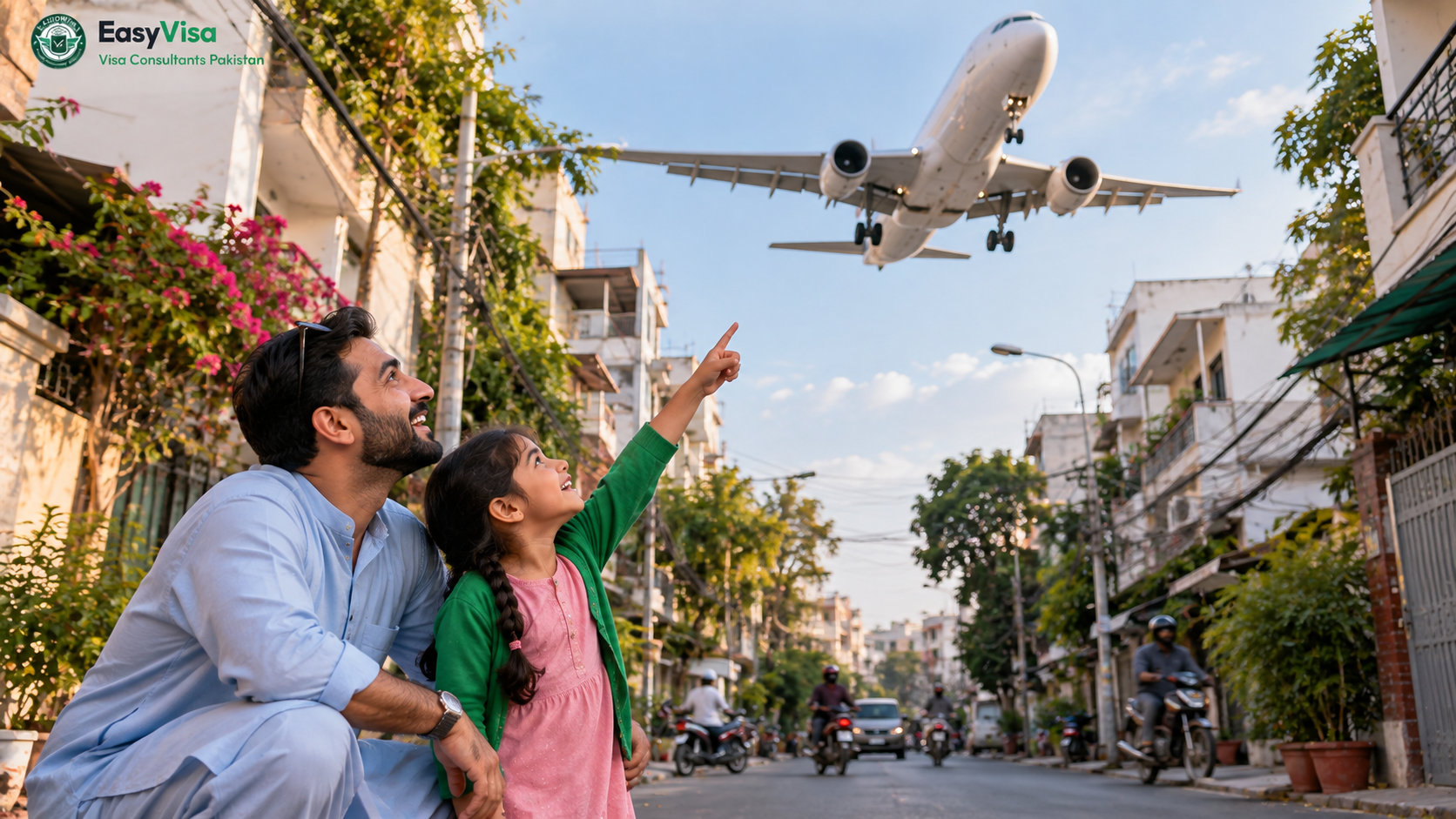 Pakistan to Vietnam flights - Pakistani father and young daughter on a Ho Chi Minh City street watching a passenger jet descend towards Tan Son Nhat airport
