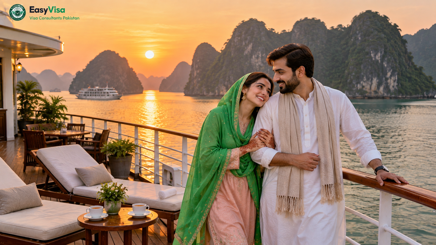 Pakistani honeymoon couple on the sundeck of a Ha Long Bay cruise ship among limestone karst islands at sunset