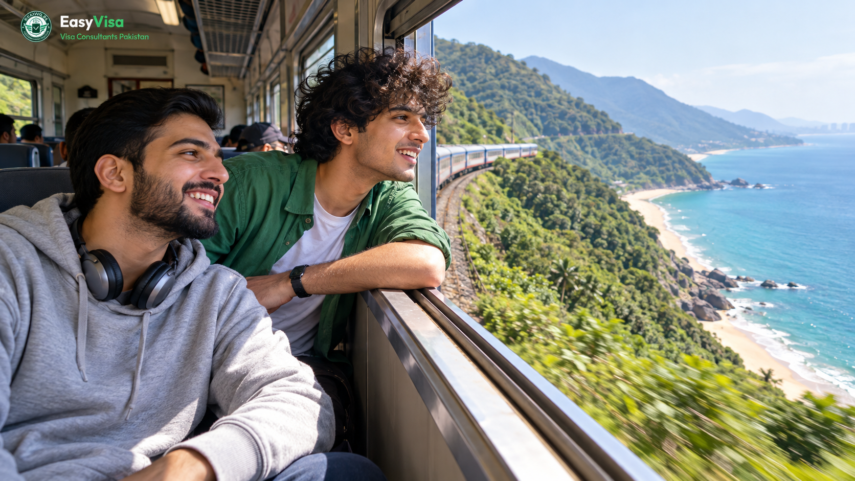 Two Pakistani university friends looking out of a train window at the Hai Van Pass coastline between Hue and Da Nang