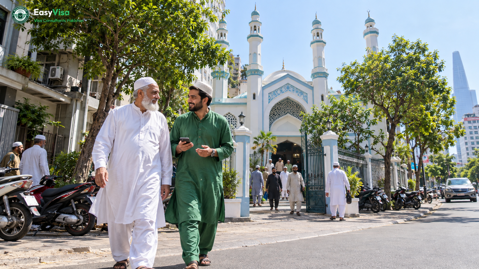 Pakistani father and adult son walking out of the Saigon Central Mosque on Dong Du street in Ho Chi Minh City after Friday prayers