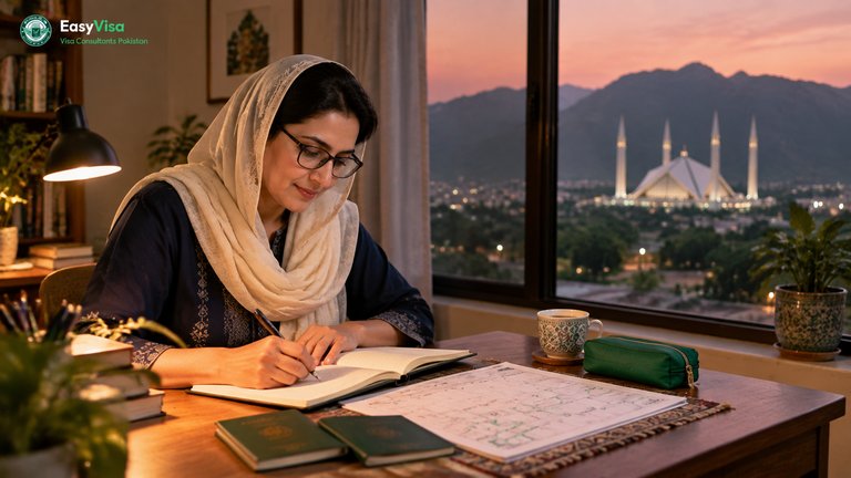 Pakistani woman in Islamabad marking Ramadan Umrah dates in a paper diary beside a Hijri calendar, Faisal Mosque visible through the window at dusk