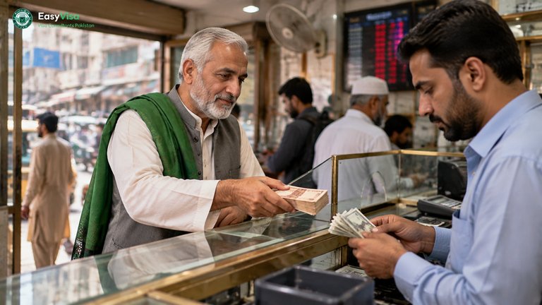 Ramadan Umrah package cost - Pakistani man exchanging rupees for Saudi riyals at a money changer counter in Saddar, Karachi