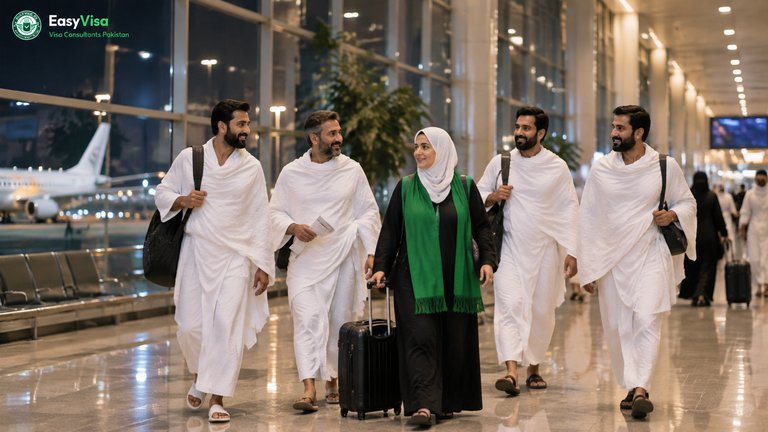 Pakistani pilgrims in white ihram walking to their departure gate at night at Allama Iqbal International Airport Lahore before a Ramadan Umrah flight to Jeddah