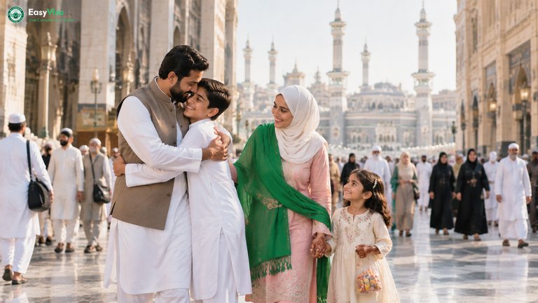 Pakistani family exchanging Eid al-Fitr greetings on a Makkah street after Eid prayer, minarets of Masjid al-Haram soft in the background