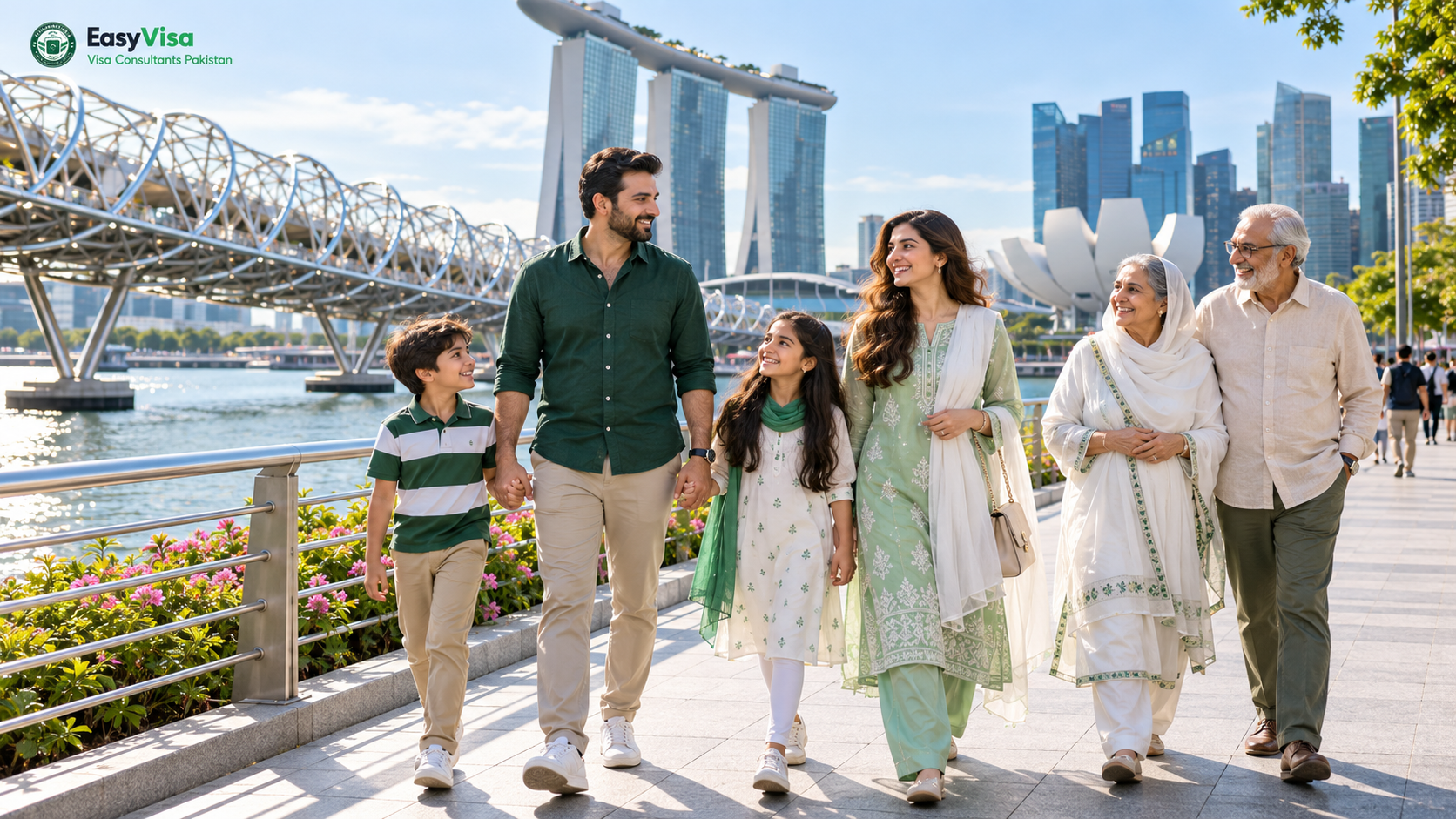 Pakistani family walking along the Marina Bay waterfront promenade with the Singapore skyline behind them