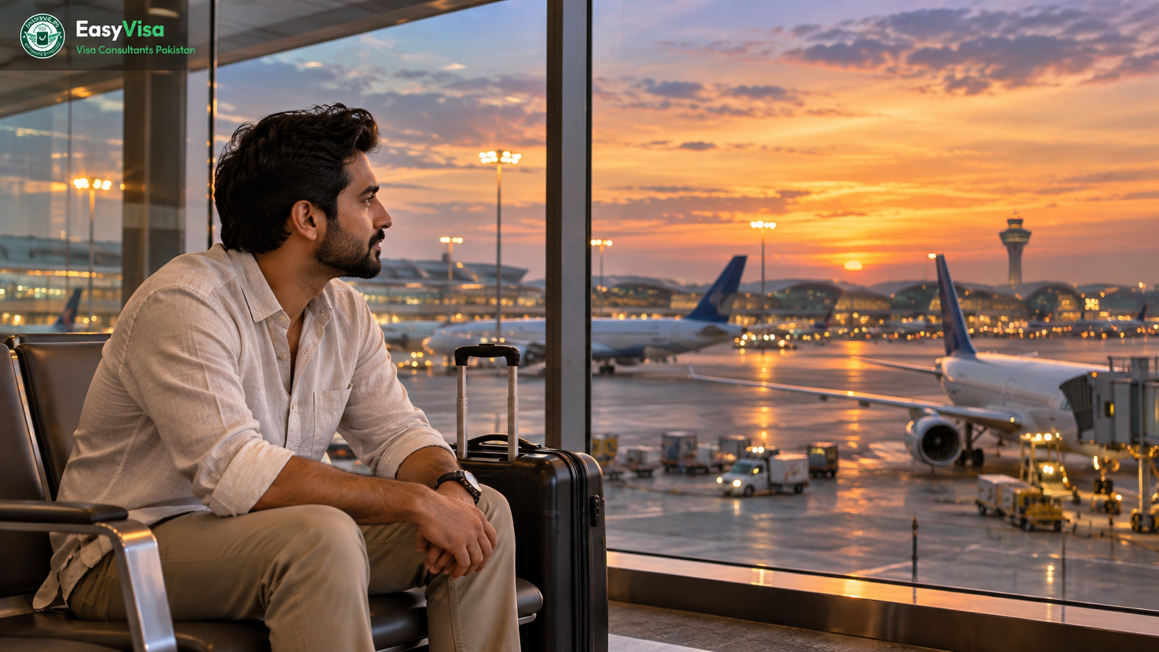 Pakistani traveller at a Changi Airport terminal window overlooking aircraft on the tarmac at dusk