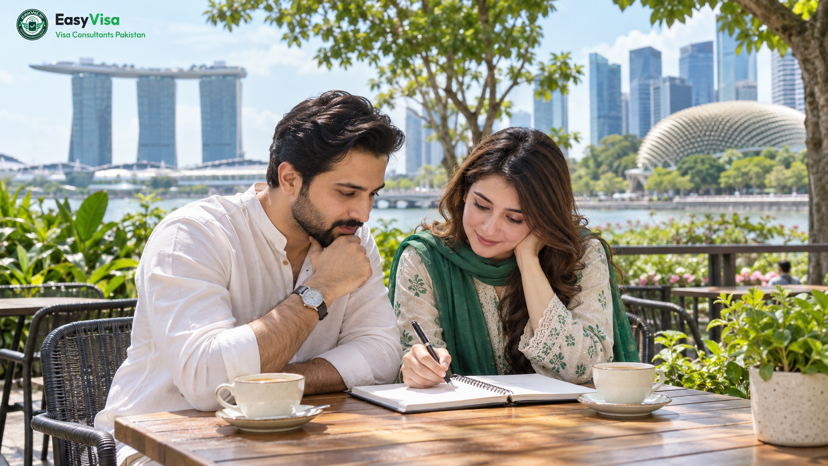 Pakistani couple reviewing a trip budget notebook at a cafe table near a Singapore city park