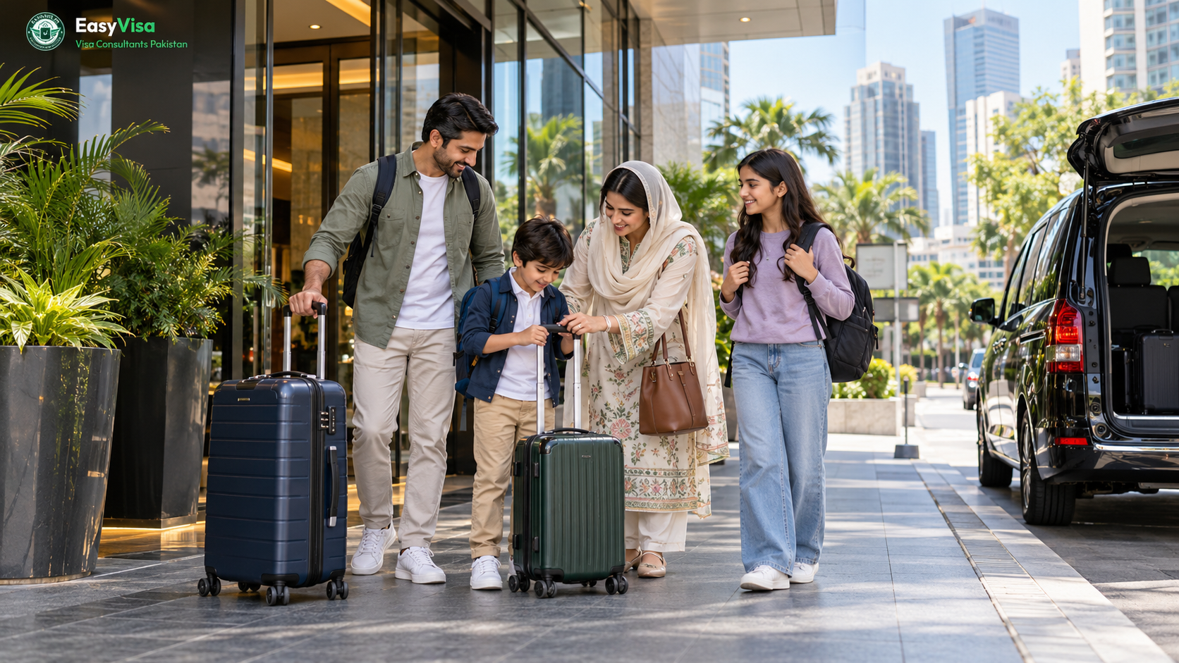 Pakistani parents helping a child with a suitcase outside a modern Singapore hotel entrance