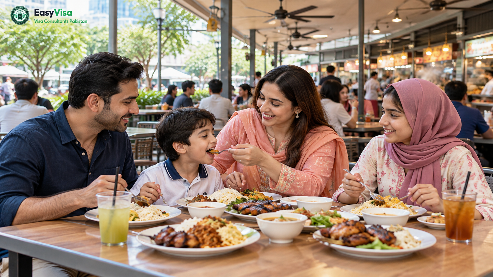 Pakistani family sharing a halal hawker-style meal at an outdoor food centre in Singapore