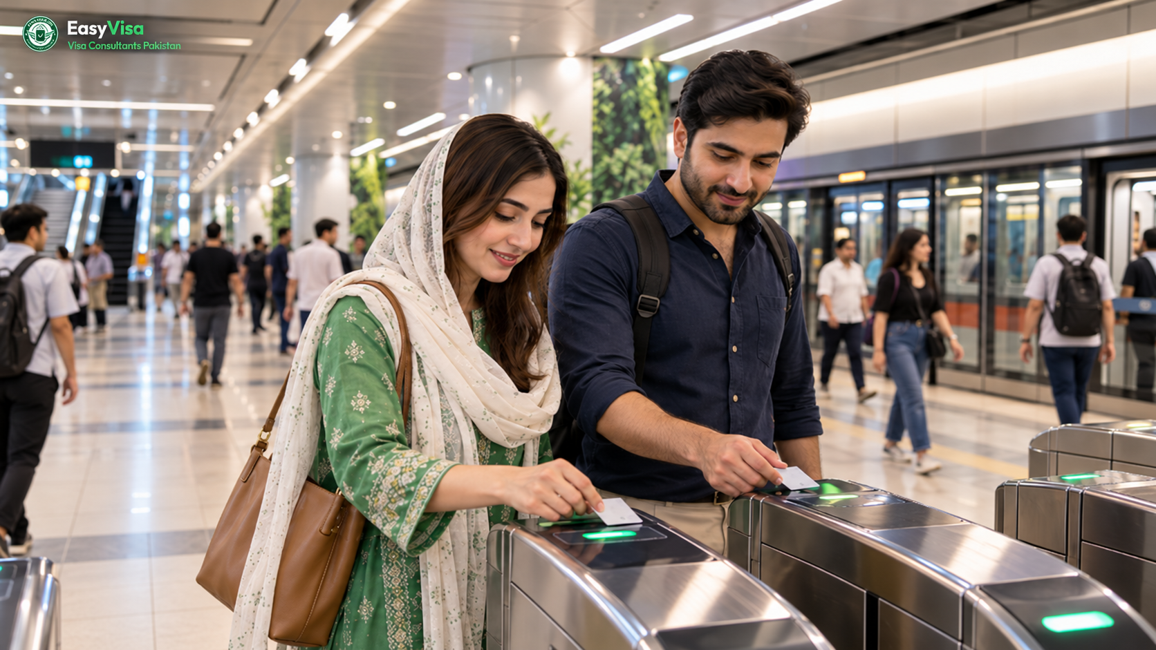 Pakistani couple tapping an MRT fare gate with a contactless card in a bright Singapore subway station