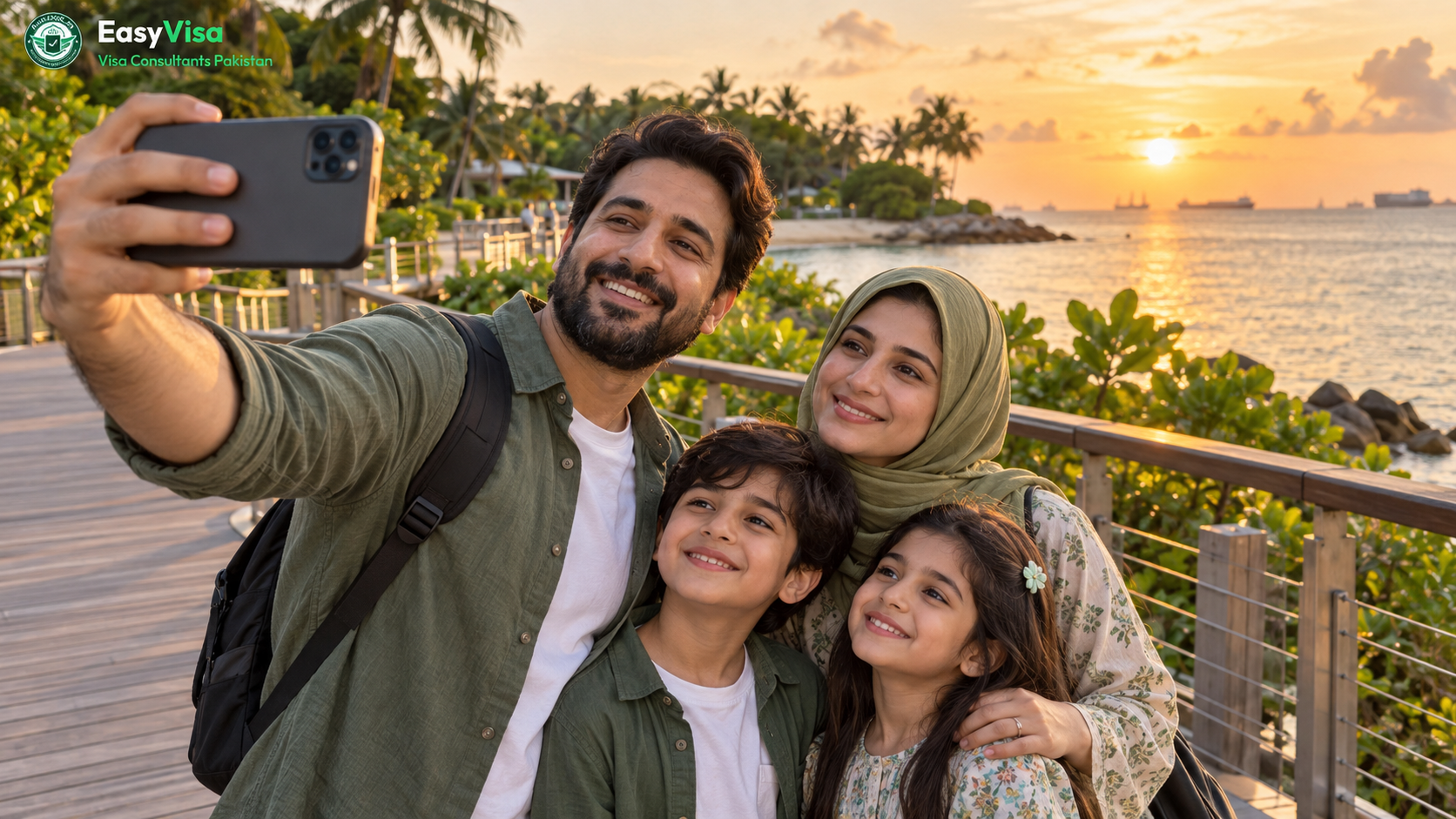 Pakistani family posing for a photo on a Sentosa boardwalk with the sea and greenery behind them