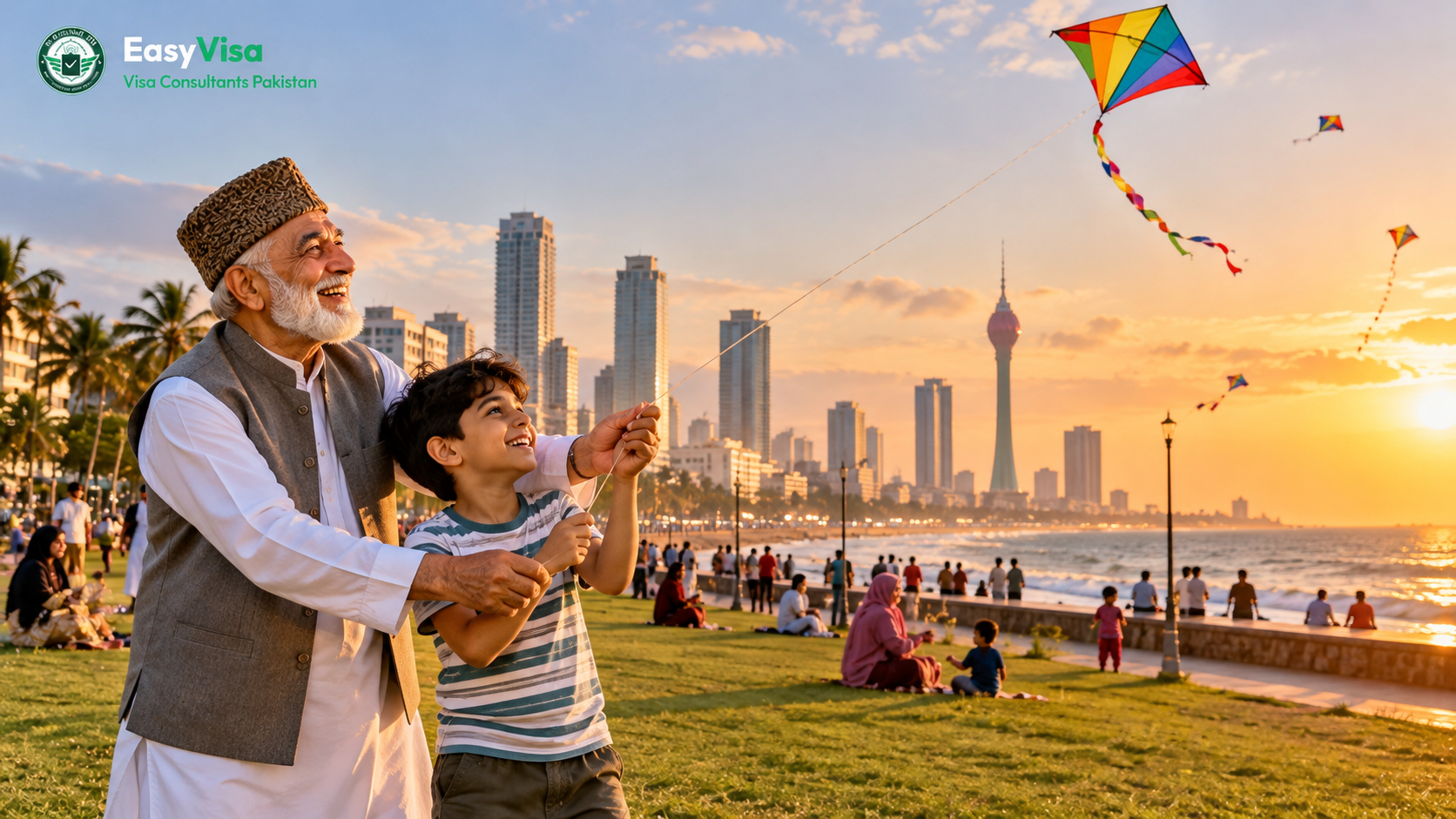 Pakistani grandfather and grandson flying a kite on Galle Face Green in Colombo at sunset with the city skyline behind