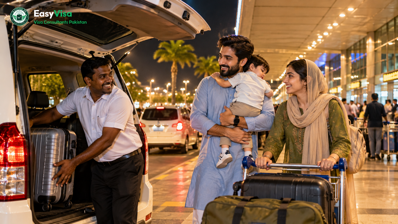 Sri Lankan driver loading suitcases into a white van for a Pakistani family with a sleeping toddler outside Colombo airport arrivals at night