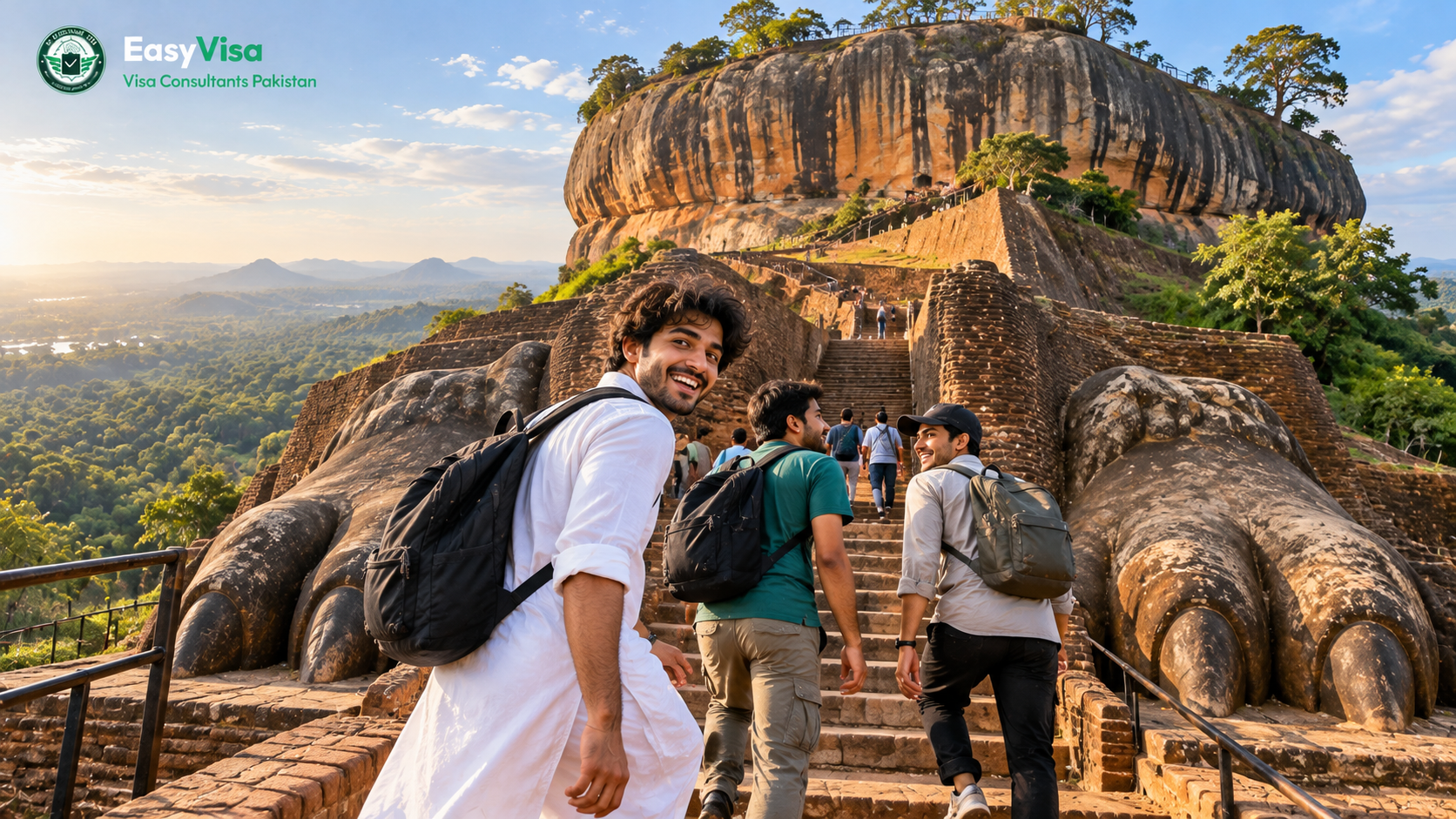 Three young Pakistani friends climbing the stone steps toward the Lion's Paw terrace at Sigiriya Rock Fortress in morning light