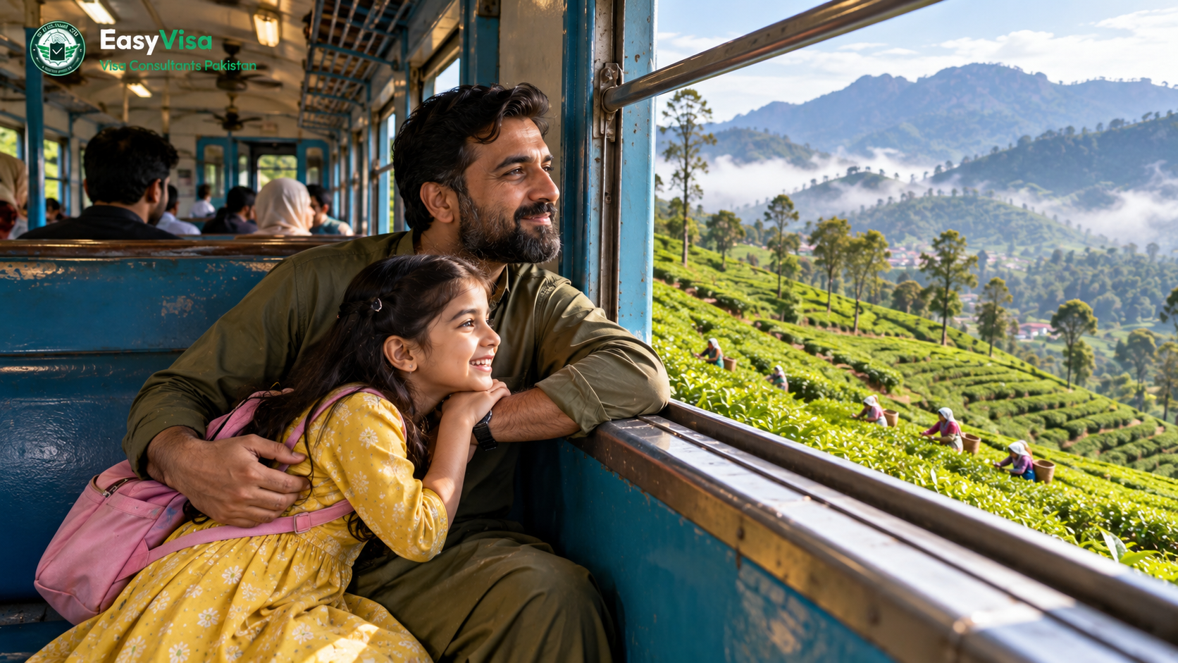 Pakistani father and his young daughter looking out of a blue hill-country train window at green tea estates near Ella in Sri Lanka