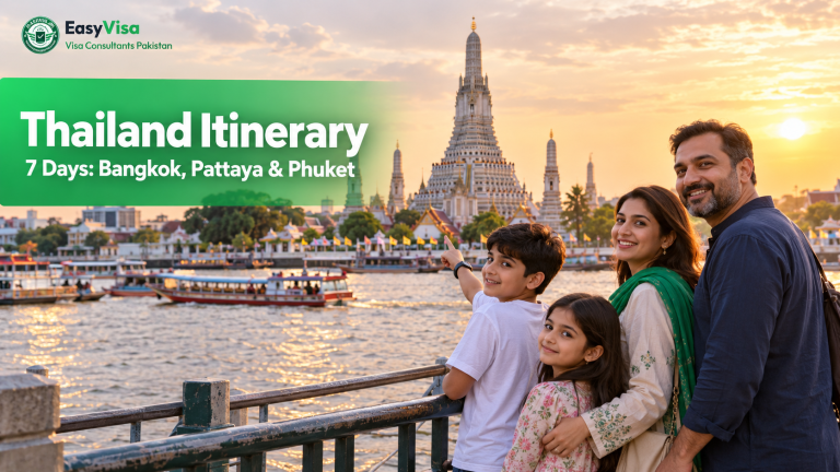 Thailand itinerary for Pakistani tourists - Pakistani family on the Chao Phraya riverside facing Wat Arun at golden hour, 7-day Bangkok, Pattaya and Phuket plan
