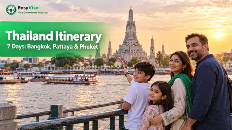 Thailand itinerary for Pakistani tourists - Pakistani family on the Chao Phraya riverside facing Wat Arun at golden hour, 7-day Bangkok, Pattaya and Phuket plan