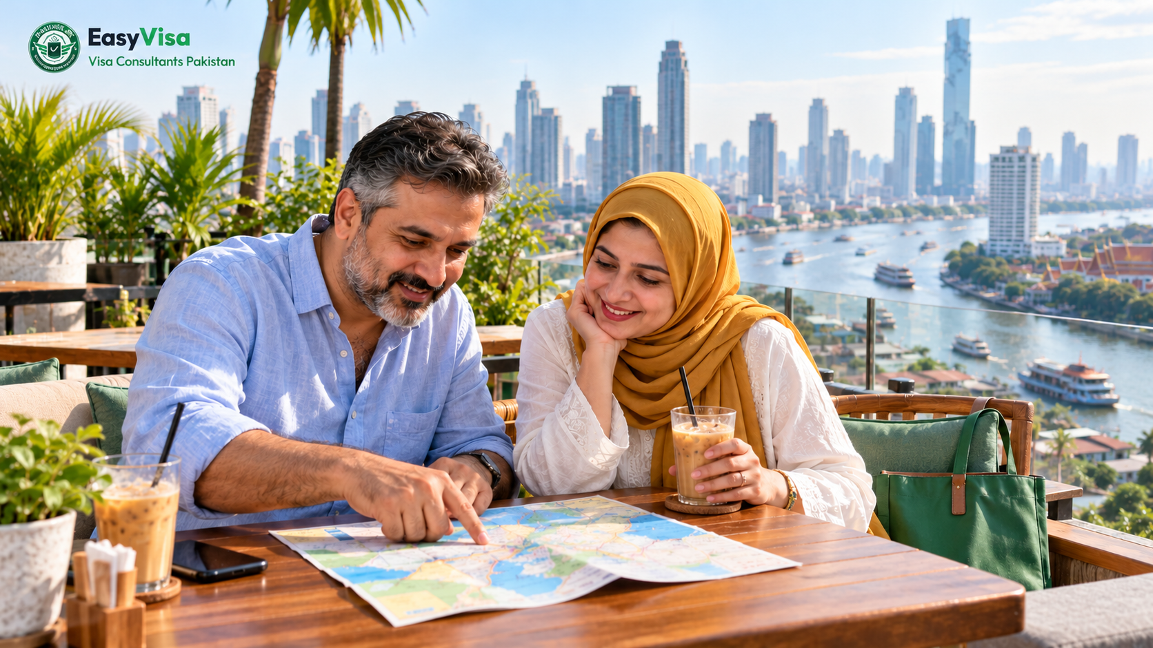 Thailand itinerary for Pakistani tourists - Pakistani couple in their forties planning a Bangkok, Pattaya and Phuket route at a Bangkok rooftop cafe