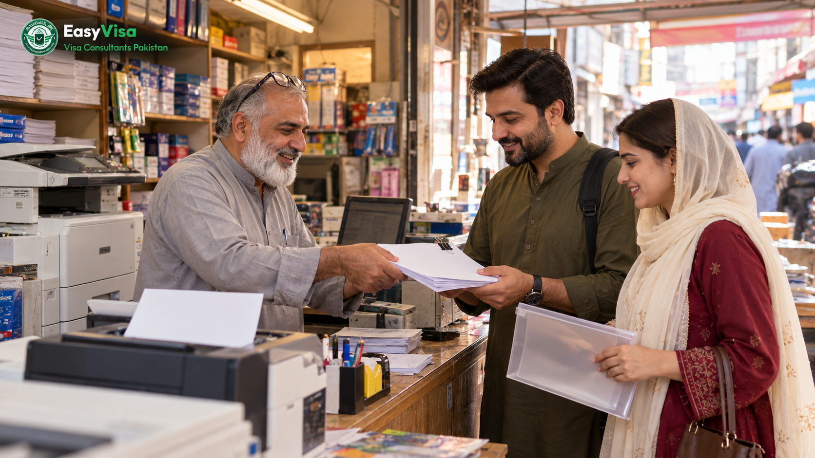 Pakistani couple collecting printed Thai e-Visa pages and hotel vouchers at a Rawalpindi print shop before their trip