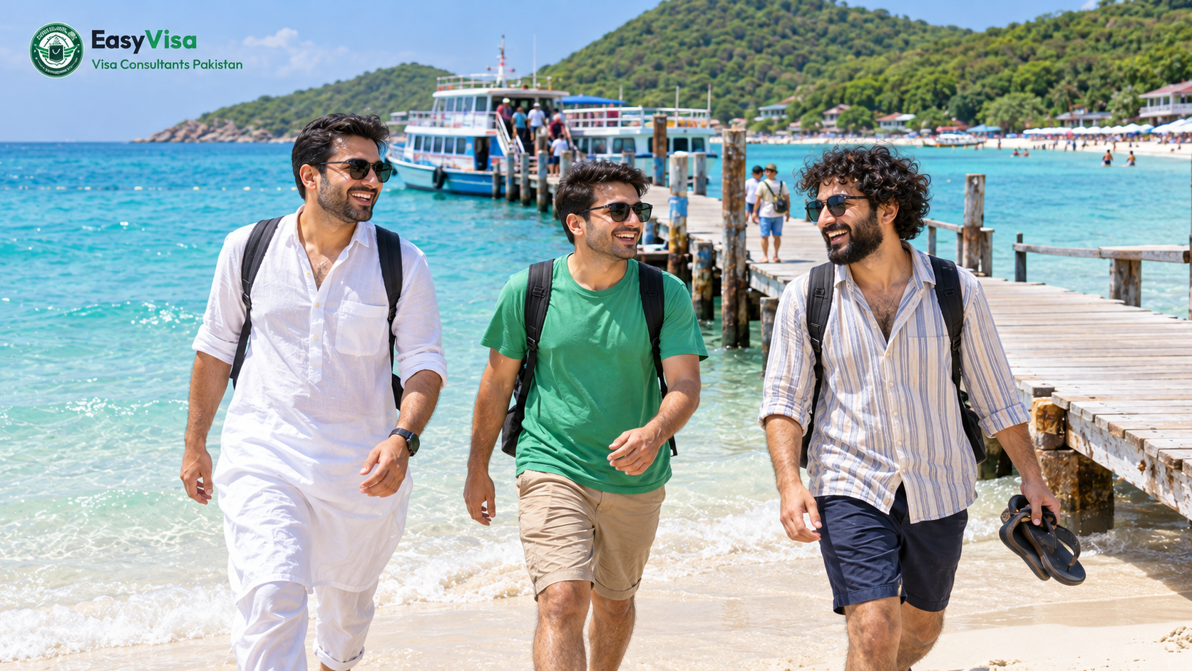 Pakistani friends stepping off a ferry onto a white-sand beach at Koh Larn Coral Island near Pattaya
