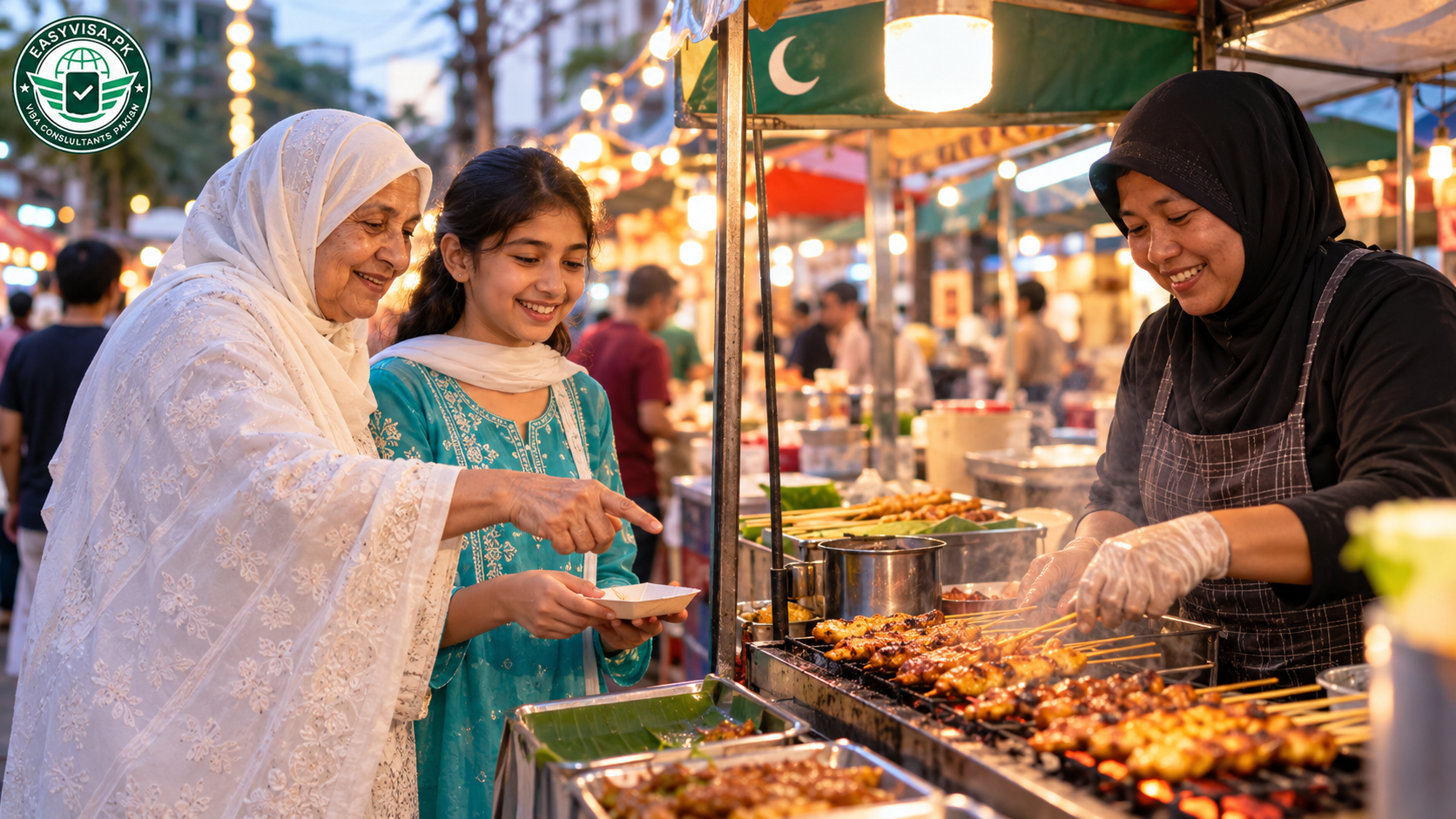 Pakistani grandmother and granddaughter choosing halal chicken satay at a street food stall in Bangkok