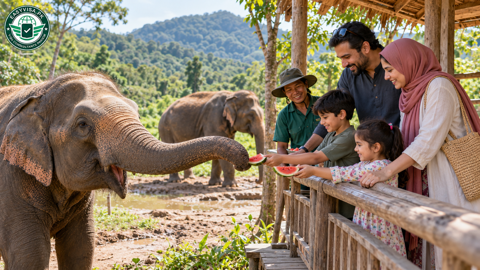 Pakistani parents watching their children feed elephants at an ethical elephant sanctuary near Phuket