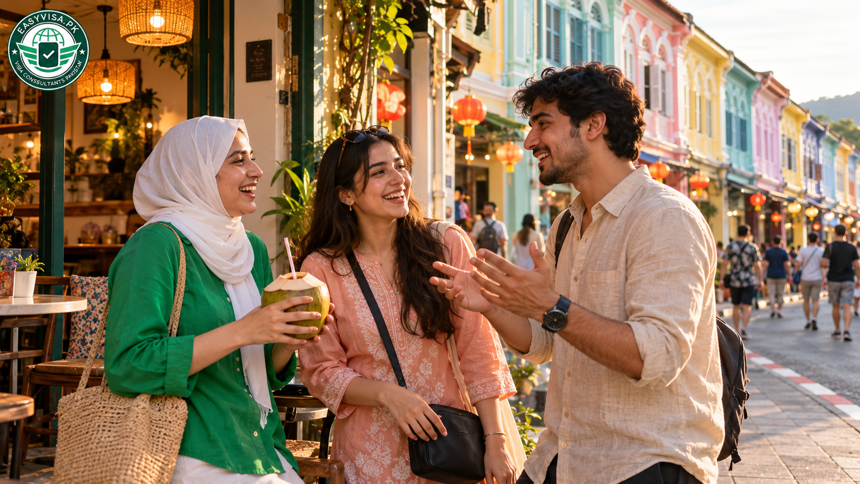 Three young Pakistani cousins laughing outside a pastel shophouse cafe in Phuket Old Town