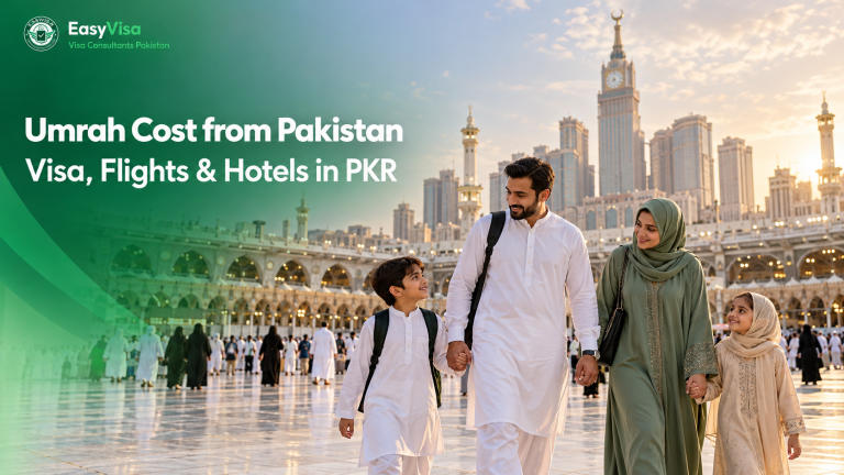 Umrah cost from Pakistan - Pakistani family in a Makkah plaza with Clock Tower distant, visa flights and hotels in PKR