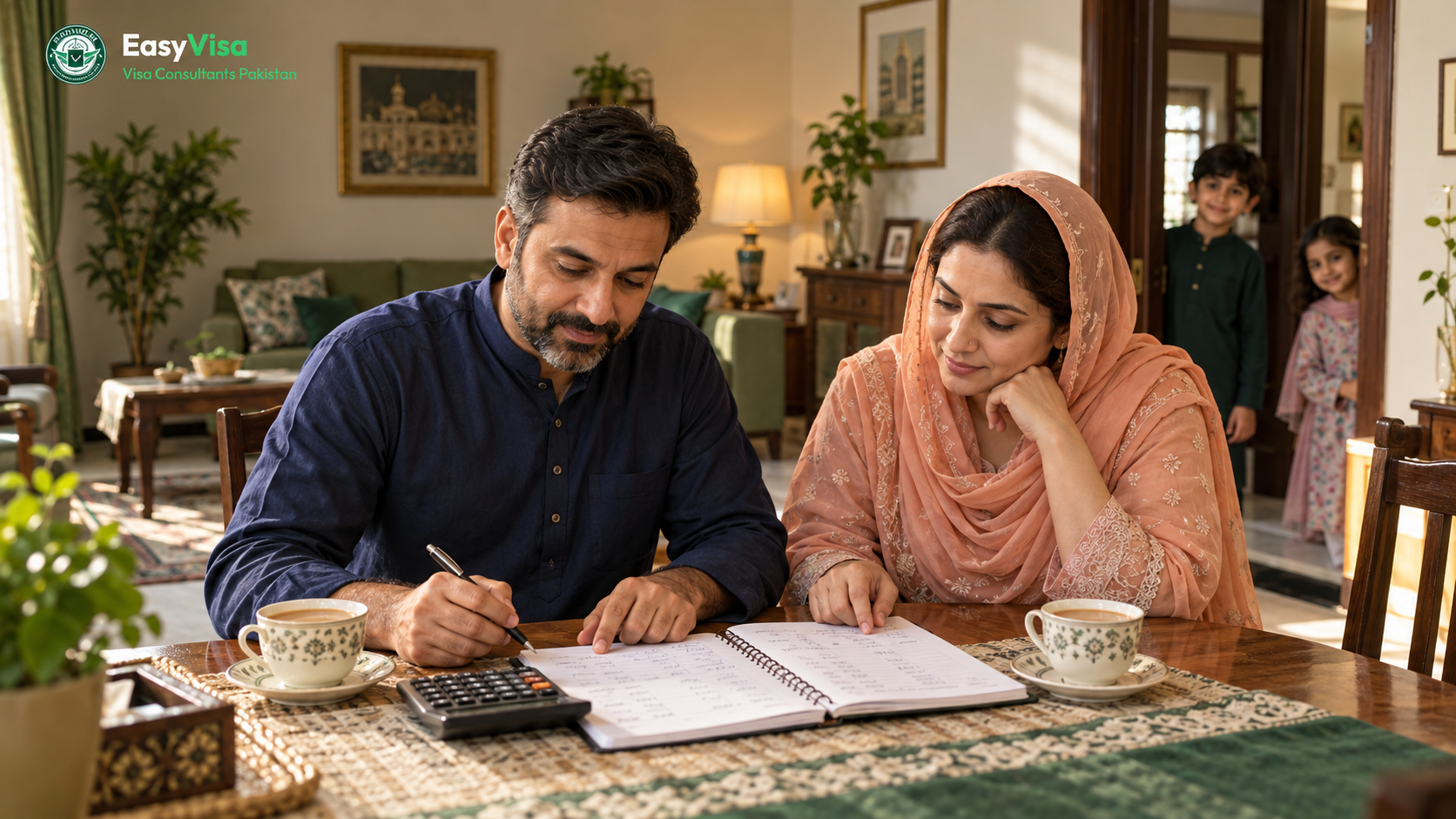 Pakistani family at a dining table with a notebook and calculator planning Umrah costs in PKR