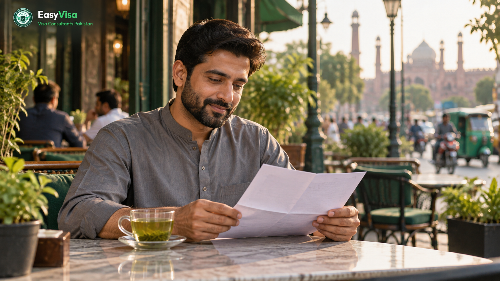 Pakistani pilgrim reviewing Umrah documents at a quiet cafe table with green tea, no passport flat lay