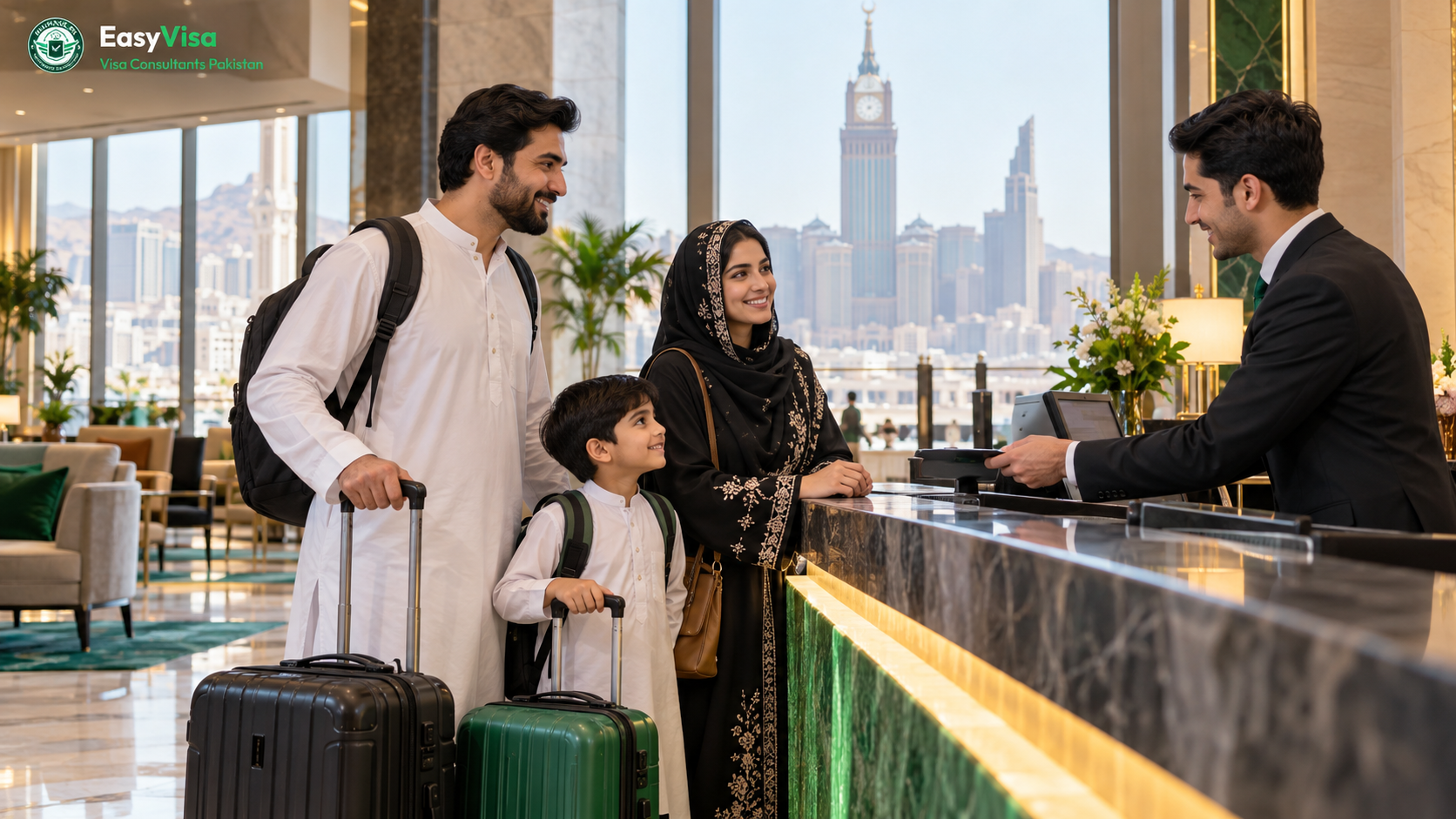 Bright hotel lobby near Makkah Clock Tower with Pakistani family checking in at the desk