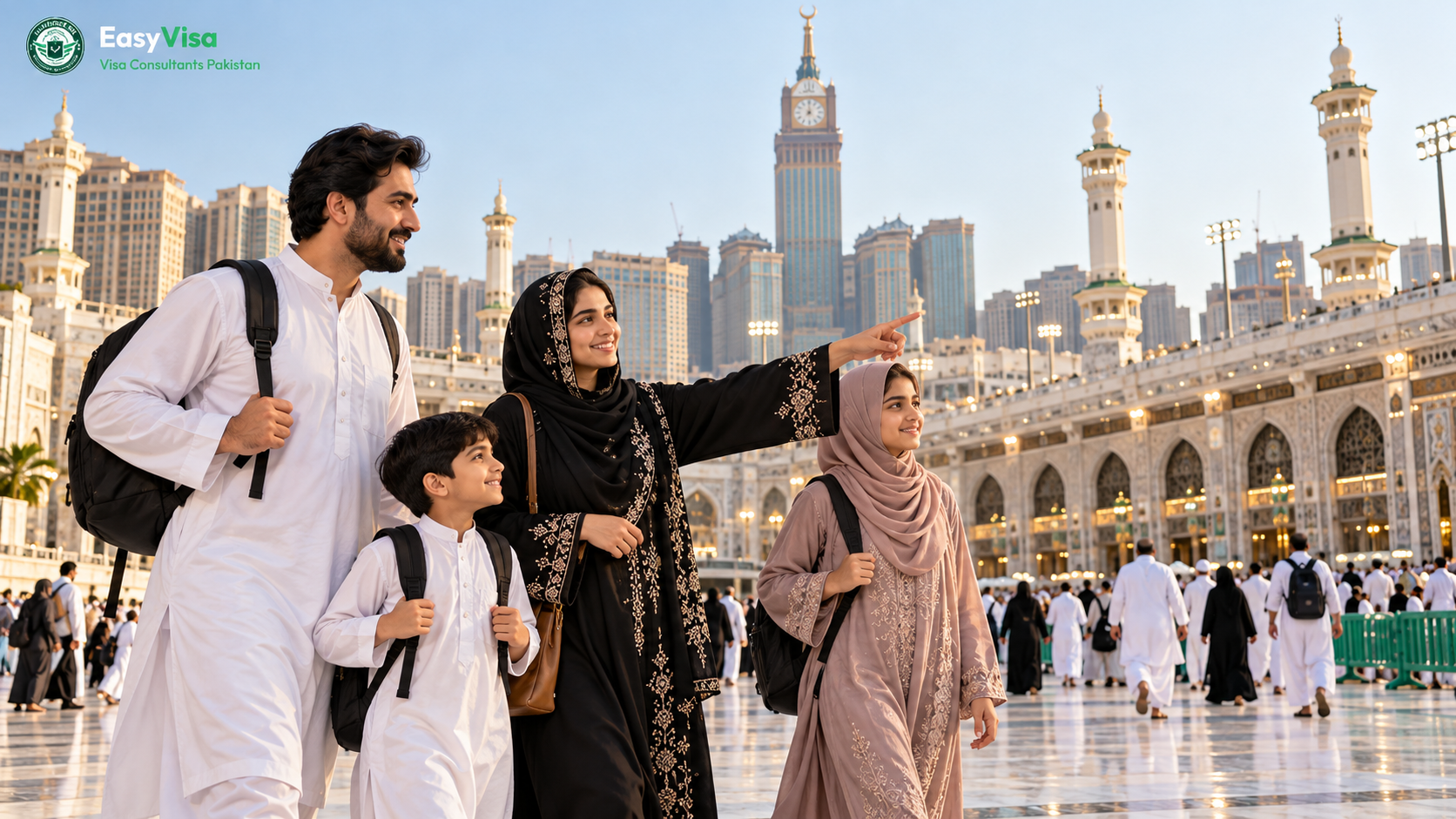 Pakistani family walking across the open plaza near Masjid al-Haram in soft daylight