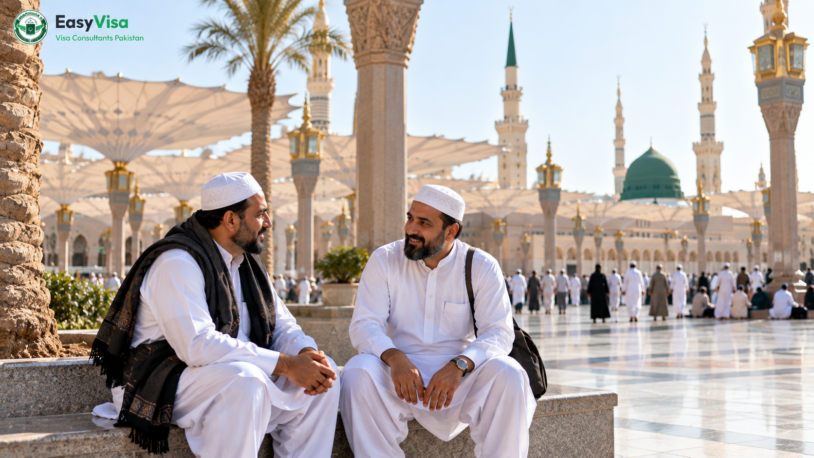Quiet palm courtyard near Masjid an-Nabawi with Pakistani pilgrims resting on benches
