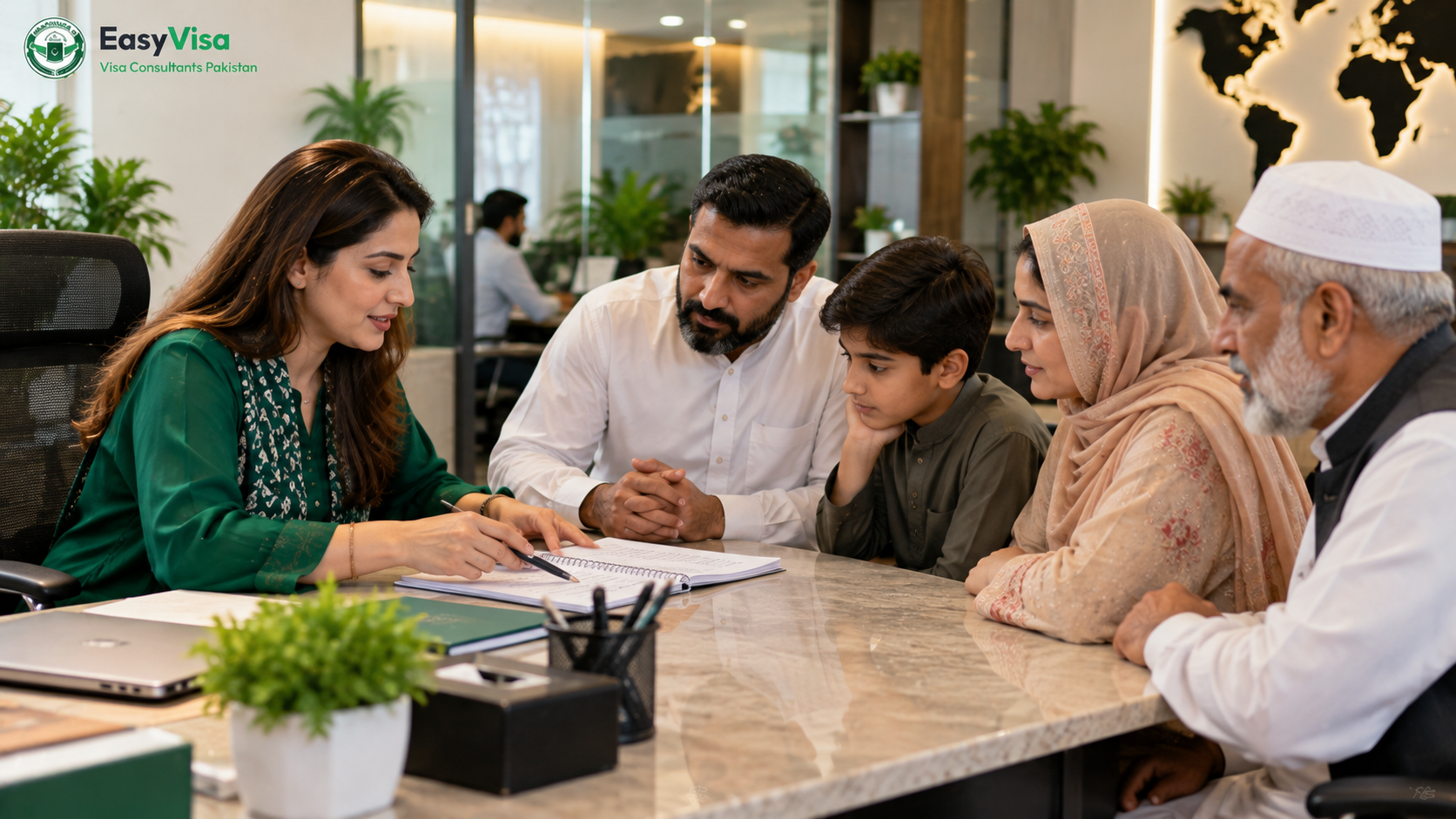Pakistani extended family talking with a consultant in a bright Lahore office about Umrah budget