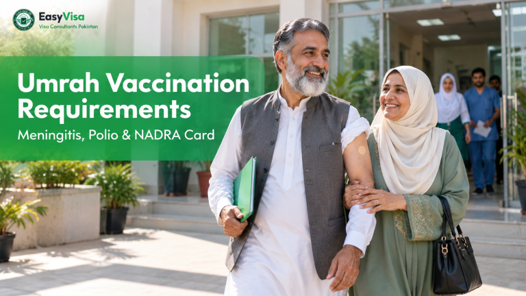 Umrah vaccination requirements from Pakistan - Pakistani pilgrim couple leaving a vaccination centre with their certificate folder, meningitis, polio and NADRA certificate guide