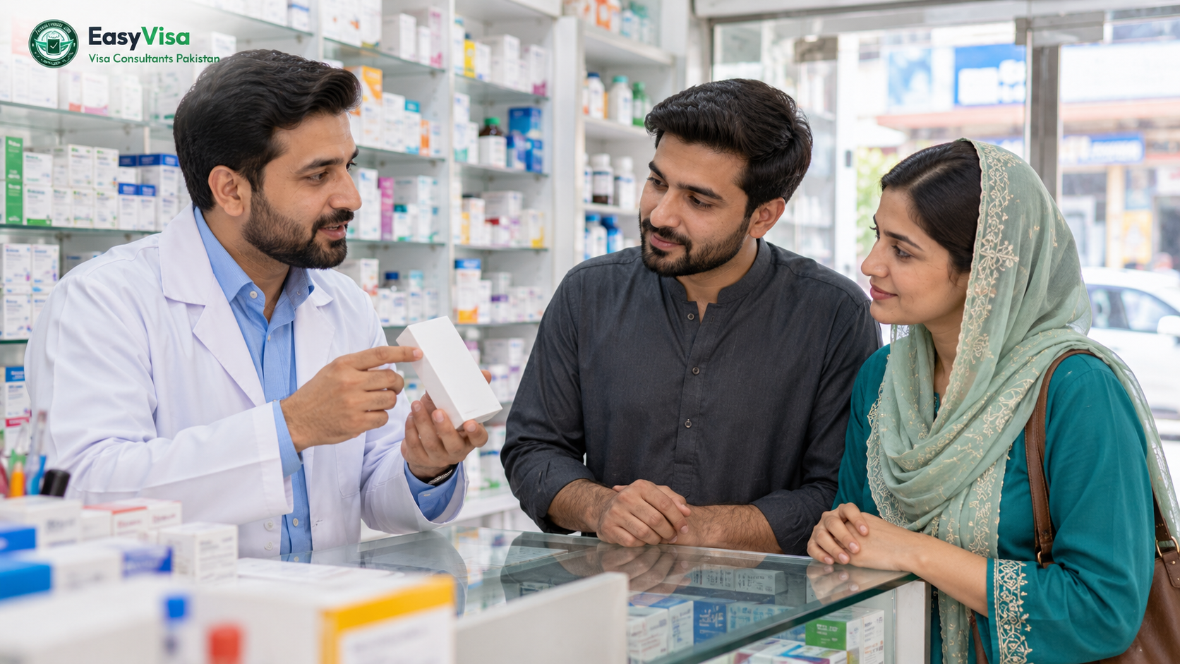 Pakistani pharmacist explaining a meningitis ACYW vaccine to a young Karachi couple preparing for Umrah