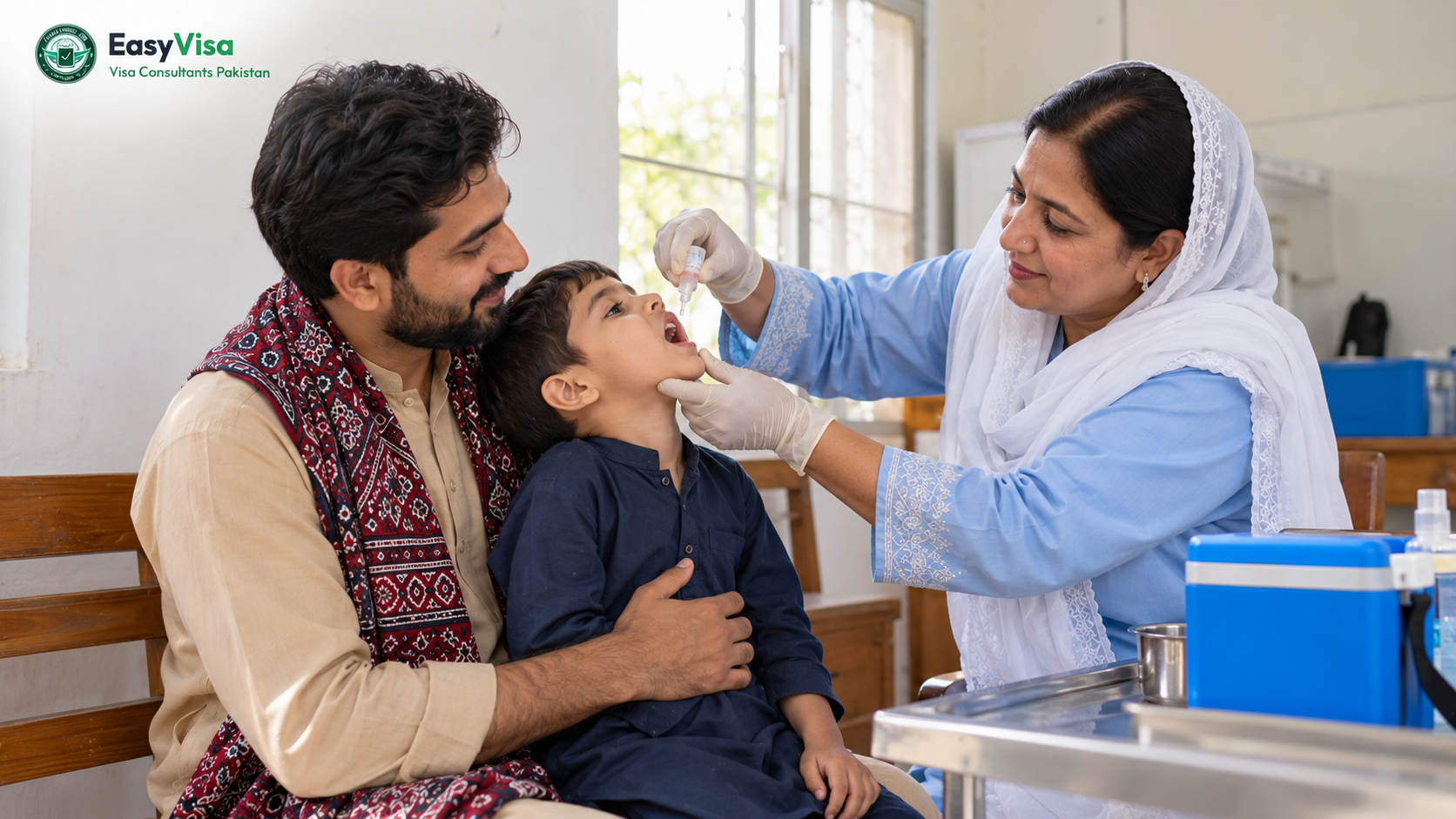 Lady health worker giving oral polio drops to a young Pakistani boy held by his father before an Umrah trip