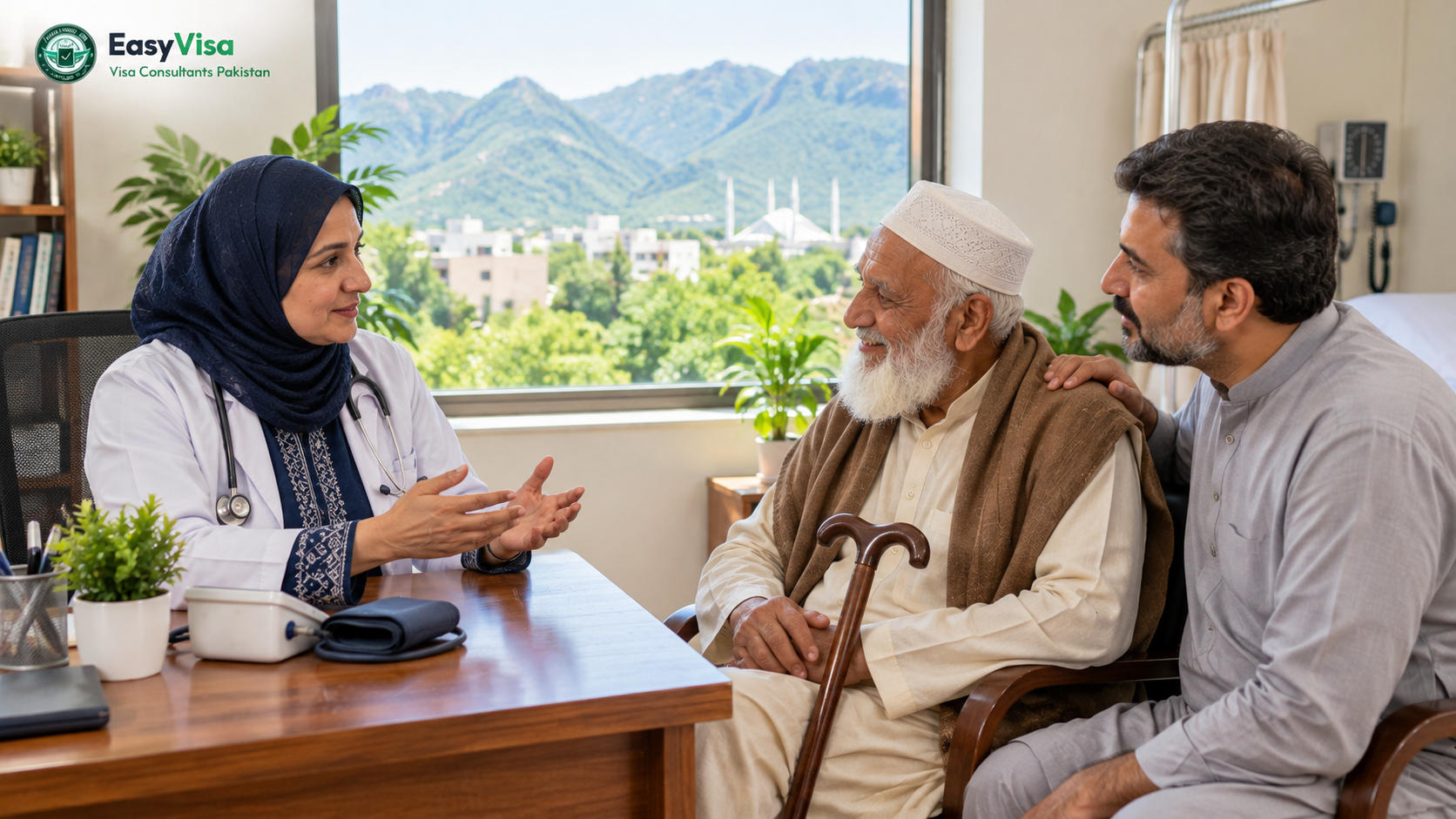 Elderly Pakistani pilgrim with his adult son discussing COVID-19 and flu vaccines with a doctor in an Islamabad clinic