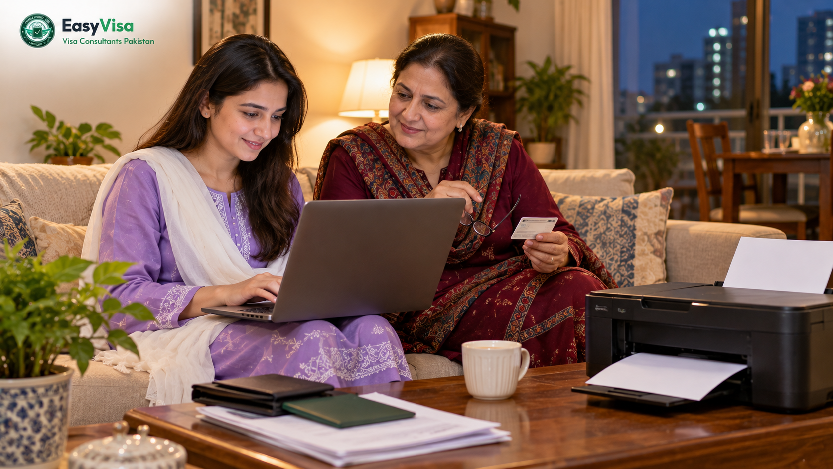 Young Pakistani woman downloading her NIMS vaccination certificate on a laptop with her mother at home in Karachi