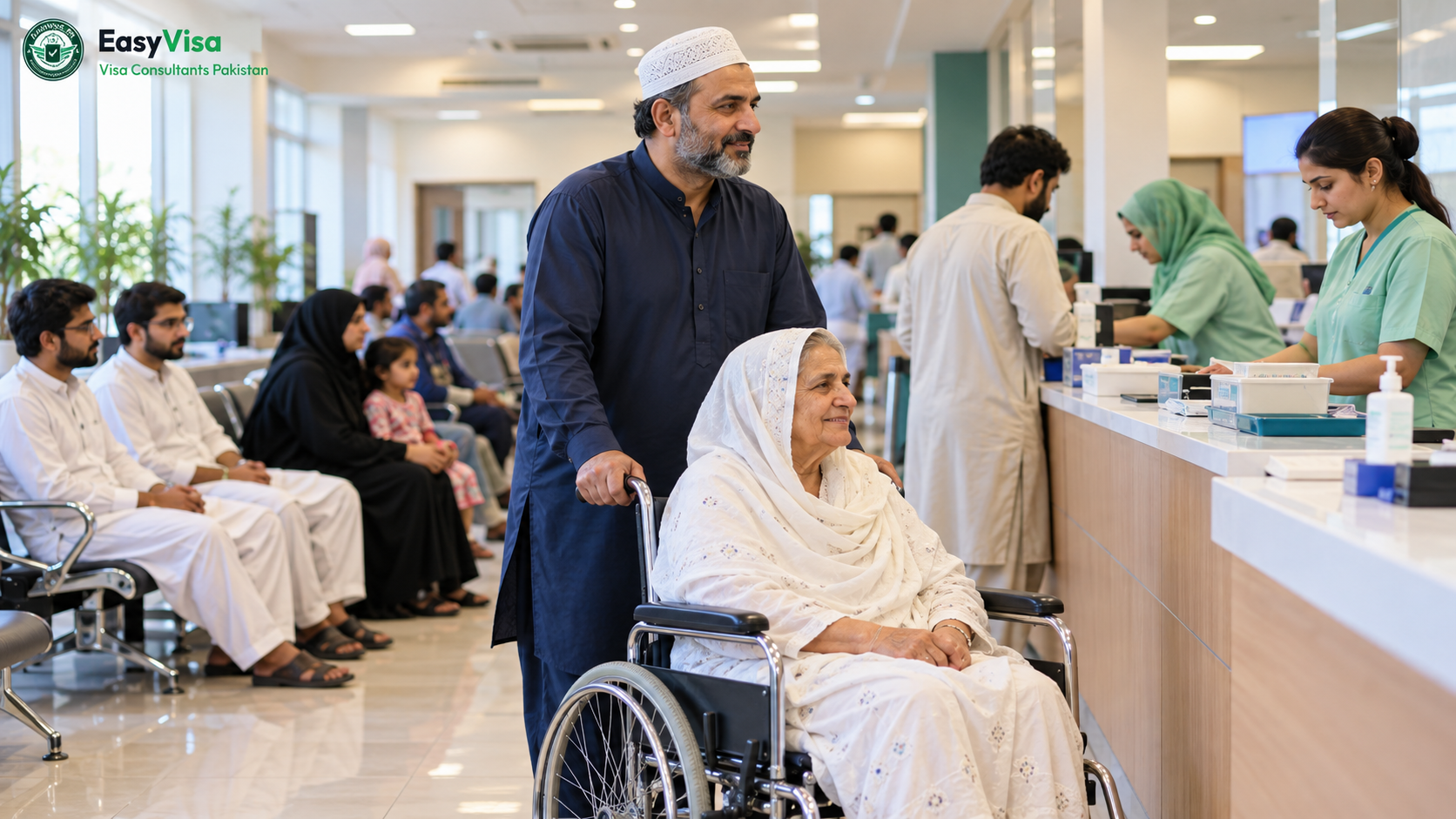 Pakistani Umrah pilgrims waiting their turn at a clean government vaccination centre counter in Karachi
