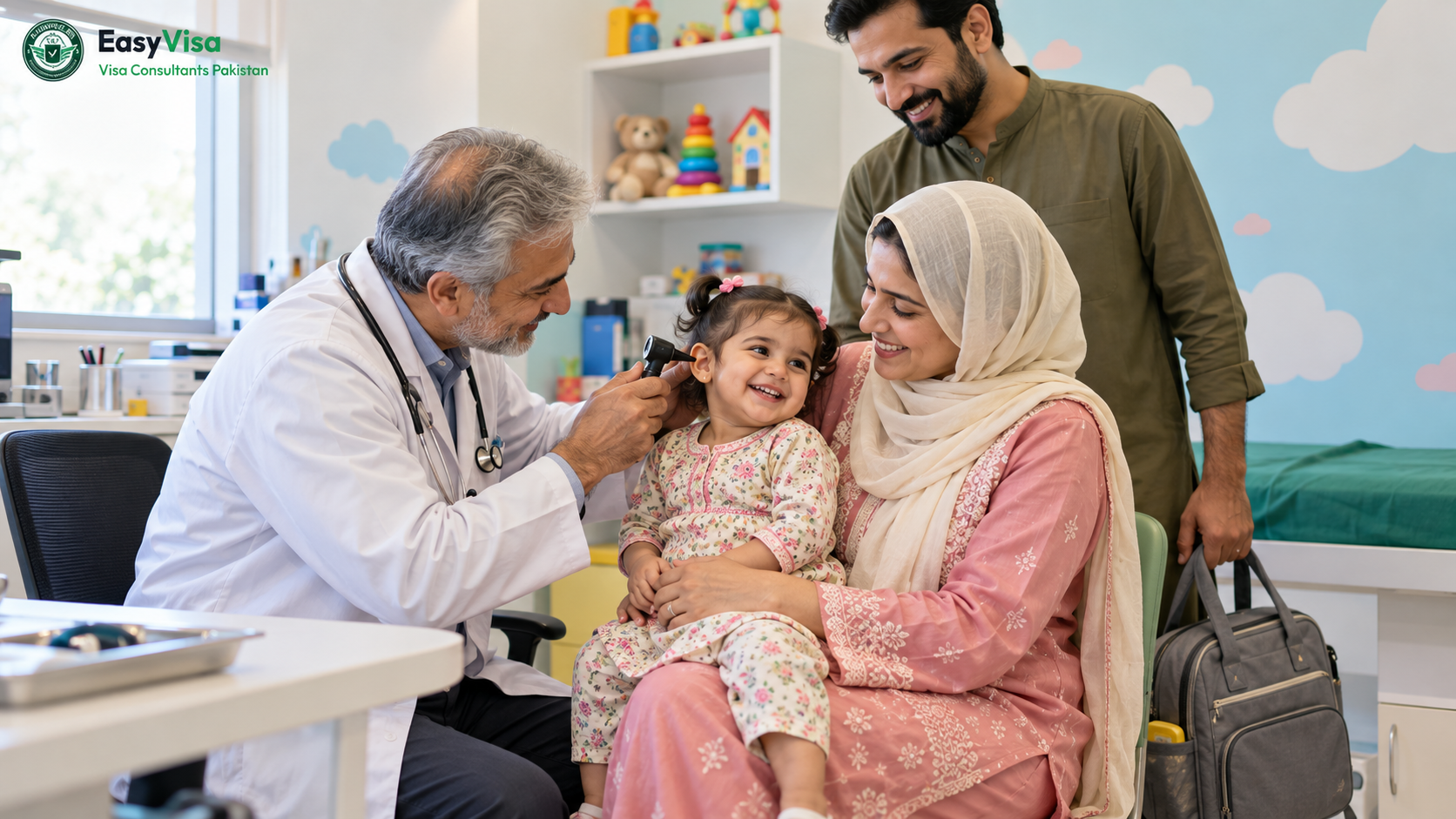 Pakistani paediatrician checking a toddler on her mother's lap in an Islamabad clinic before the family's Umrah