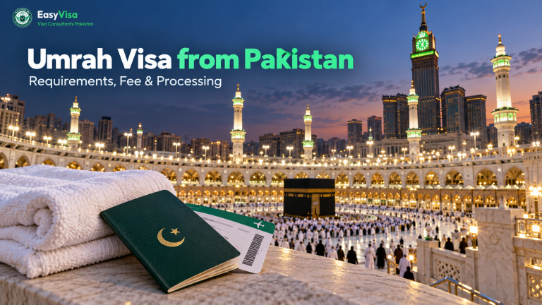 Umrah visa from Pakistan featured image with Masjid al-Haram, Makkah Clock Tower and a Pakistani passport - Easy Visa