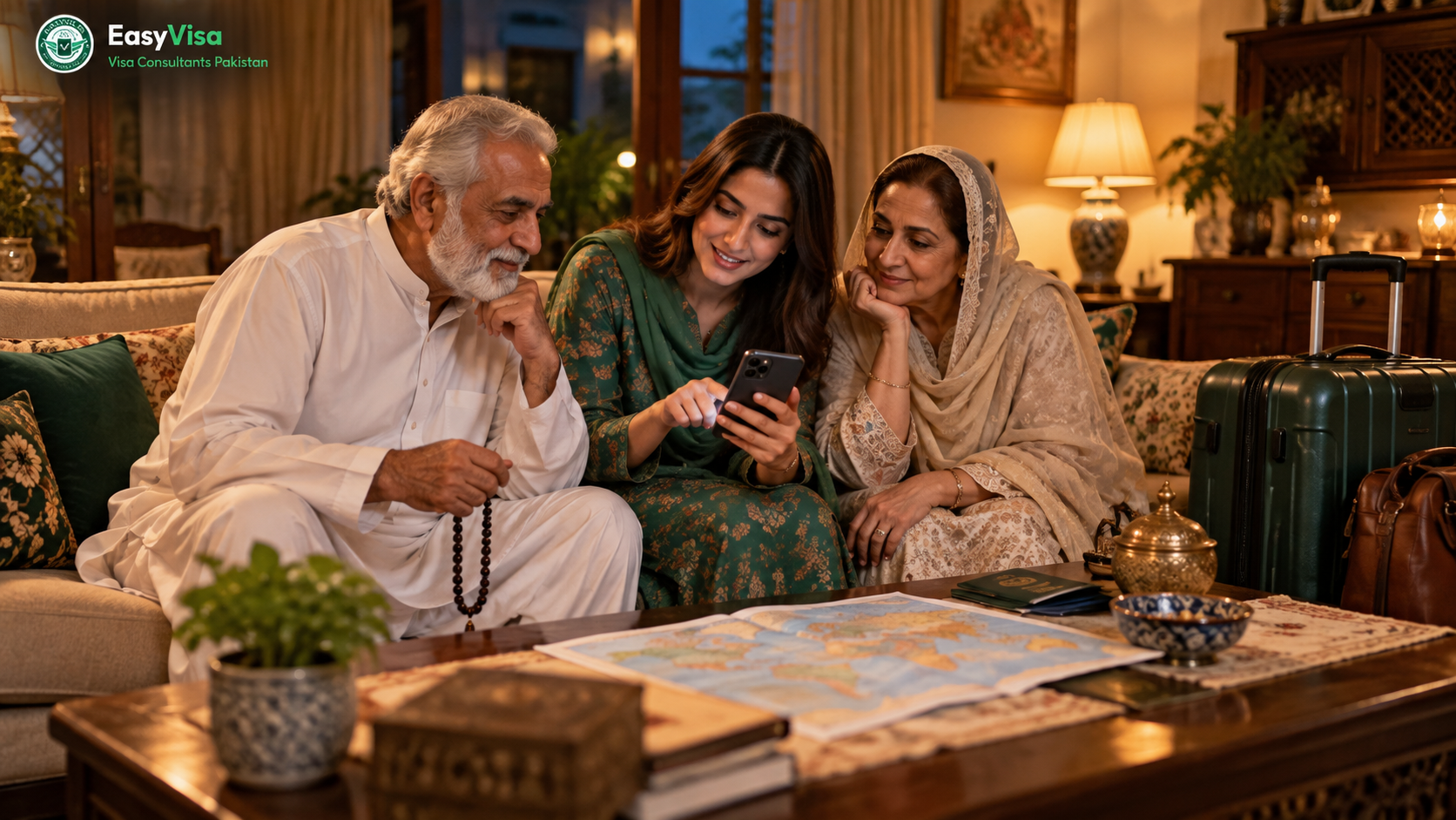 Pakistani family in Lahore planning their Umrah visa from Pakistan on a smartphone