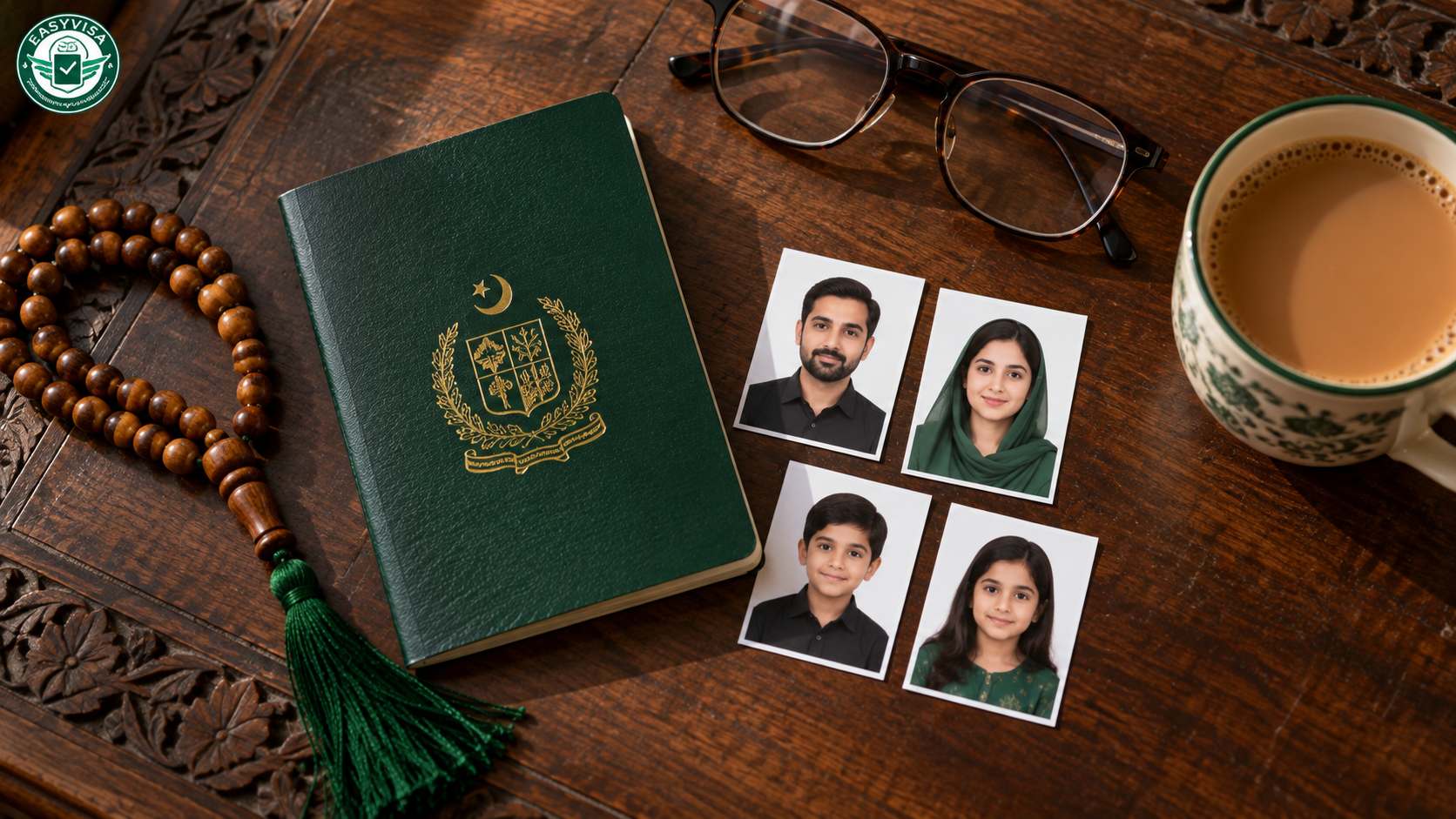 Umrah visa documents from Pakistan: green Pakistani passport, family passport photos and tasbih on a carved wooden table