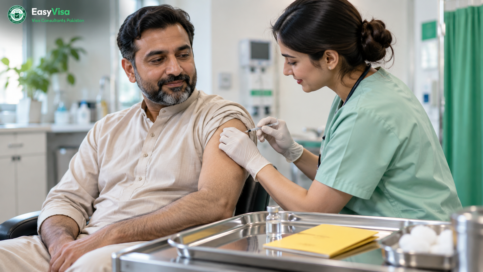 Pakistani pilgrim receiving a meningitis or polio vaccine before Umrah at a clinic
